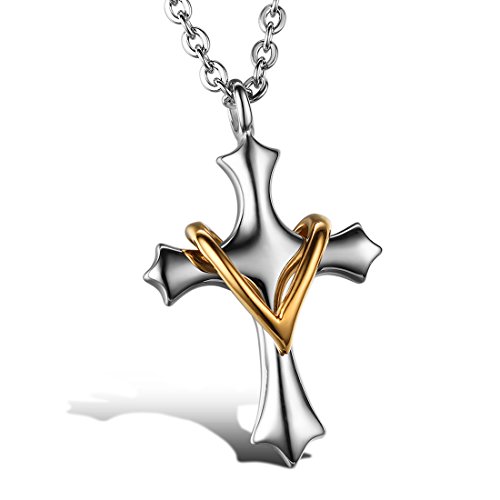 JewelryWe Schmuck Herz auf Kreuz Unisex Anhänger mit 55cm Kette, Edelstahl Halskette für Damen Herren, Rose Gold Silber, mit Geschenk Tüte