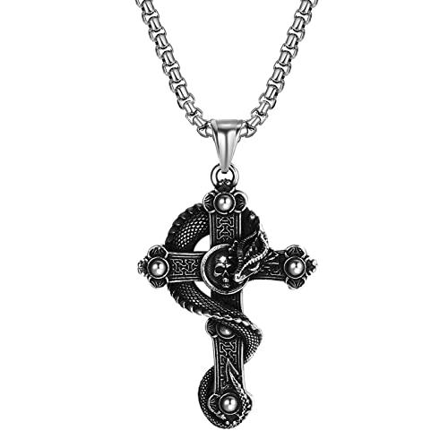 JewelryWe Schmuck Retro Halskette Herren Punk Drache Totenkopf Schädel Kreuz Edelstahl Anhänger mit Kette Geschenk für Männer Silber