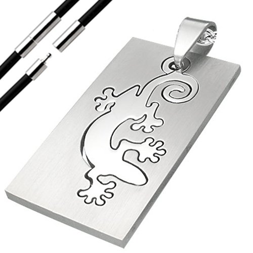 BlackAmazement Anhänger Edelstahl Gecko Eidechse Dog Tag Cut Out Leder Kette Band Halskette (Anhänger mit Kette)