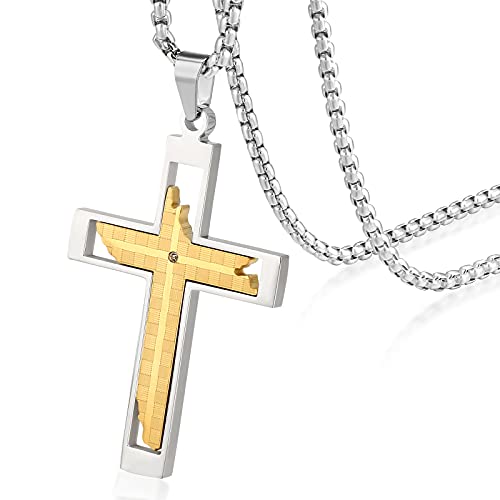 KRKC&CO Kreuz Anhänger Kette, 2mm 61cm Kette mit Hohl Kreuzanhänger, vergoldete Edelstahl Anhänger Halskette Silberkette, Kreuz Kette für Herren Jungen Damen, Geburtstag Geschenk