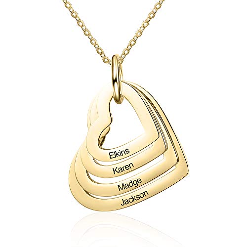 kaululu Halskette Damen Personalisiertes Kette mit Namen Herz 1-4 Familie Kinder Namen Edelstahl Anhänger Namenskette für Mama Muttertagsgeschenk Personalisierter Schmuck (4 Heart G)