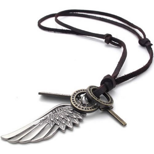 KONOV Schmuck Herren Halskette, Engel Flügel Kreuz Anhänger mit Leder Kette, Braun Silber