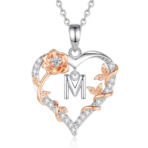 EUDORA Harmony Ball Herz Rosen Kette mit Buchstaben M für Damen mit Zirkonia, Silber Buchstabe Ketten Initialen Halskette Alphabet Anhänger Schmuck mit Namen Geschenke für Frauen Mutter Tochter, 18 