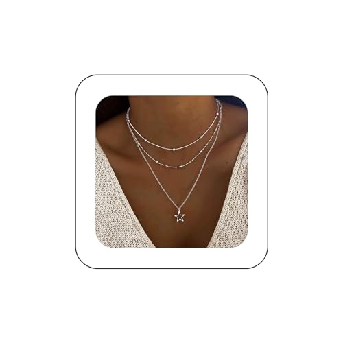 Yienate Boho Geschichtete Stern Halskette Halsband Kette Silber Stern Anhänger Halskette Perlen Satelliten Kette Choker Vintage Hohle Stern Halskette Statement Ketten Schmuck für Frauen Mädchen