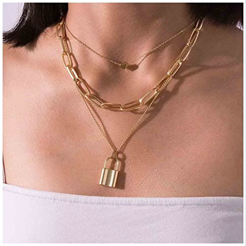 Yheakne Punk geschichtet Herz Choker Halskette Gold Schloss Anhänger Halskette Chunky Büroklammer Kette Halskette Vintage Statement Halskette Kette Schmuck für Frauen und Mädchen Geschenk