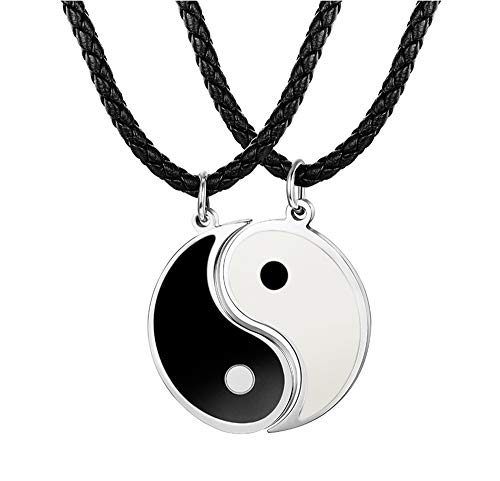 BESTEEL 3MM Leder Tai Chi Anhänger Halskette für Herren Damen Freundschaft Yin Yang Paar Kette 56+5CM