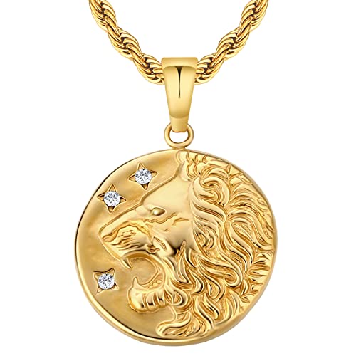 KRKC&CO Löwe Kette Herren Münze Sternzeichen Anhänger Goldkette, 2,5mm 55,9cm Kordelkette Kettenanhänger Gold, 18K vergoldet Edelstahl Halskette, Geburtstag Geschenk für Männer Jungen Freund